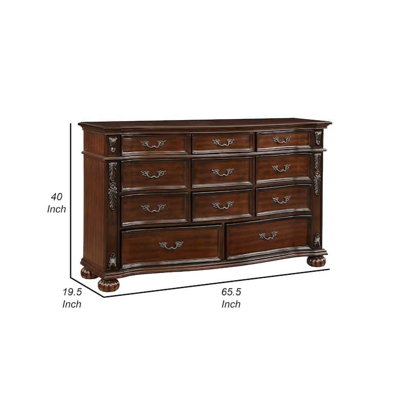 Nami 66 Inch Dresser, 11 Dovetail Drawers, Metal Handles, Cherry Brown Wood