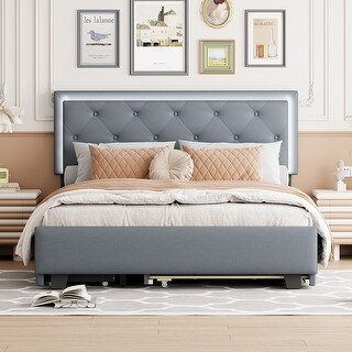 Queen Velvet Platform Bed with LED Lights and Storage Drawers