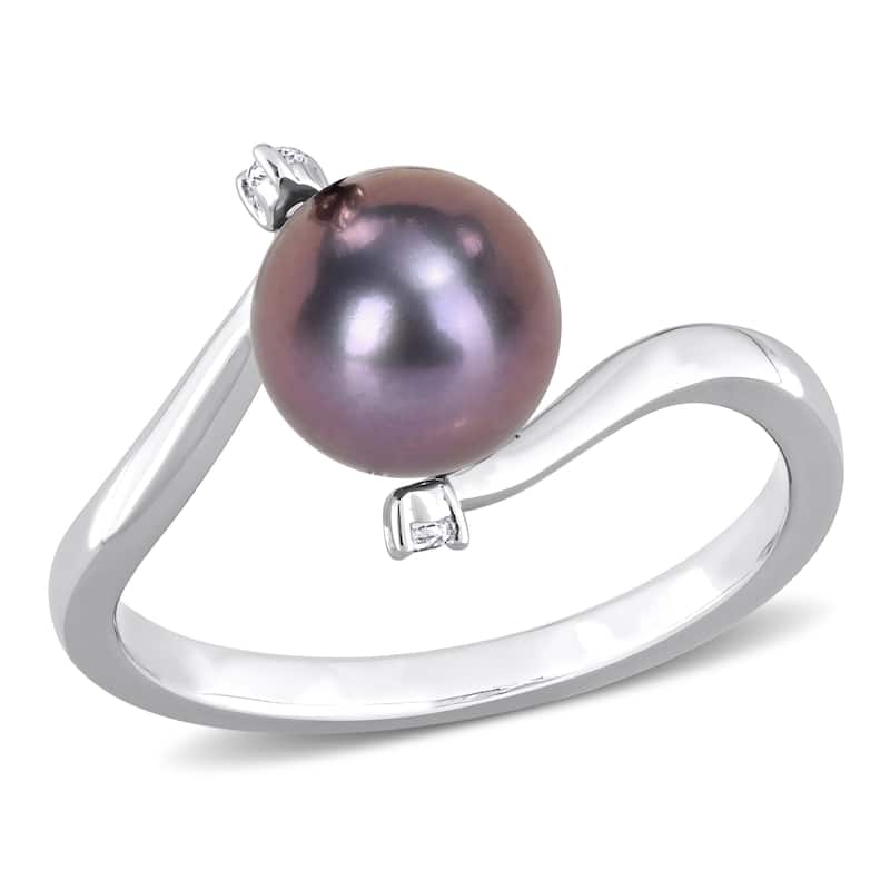 Miadora 7-7.5mm Black Cultured Freshwater Pearl White Topaz Bypass Ring Sterling Silver