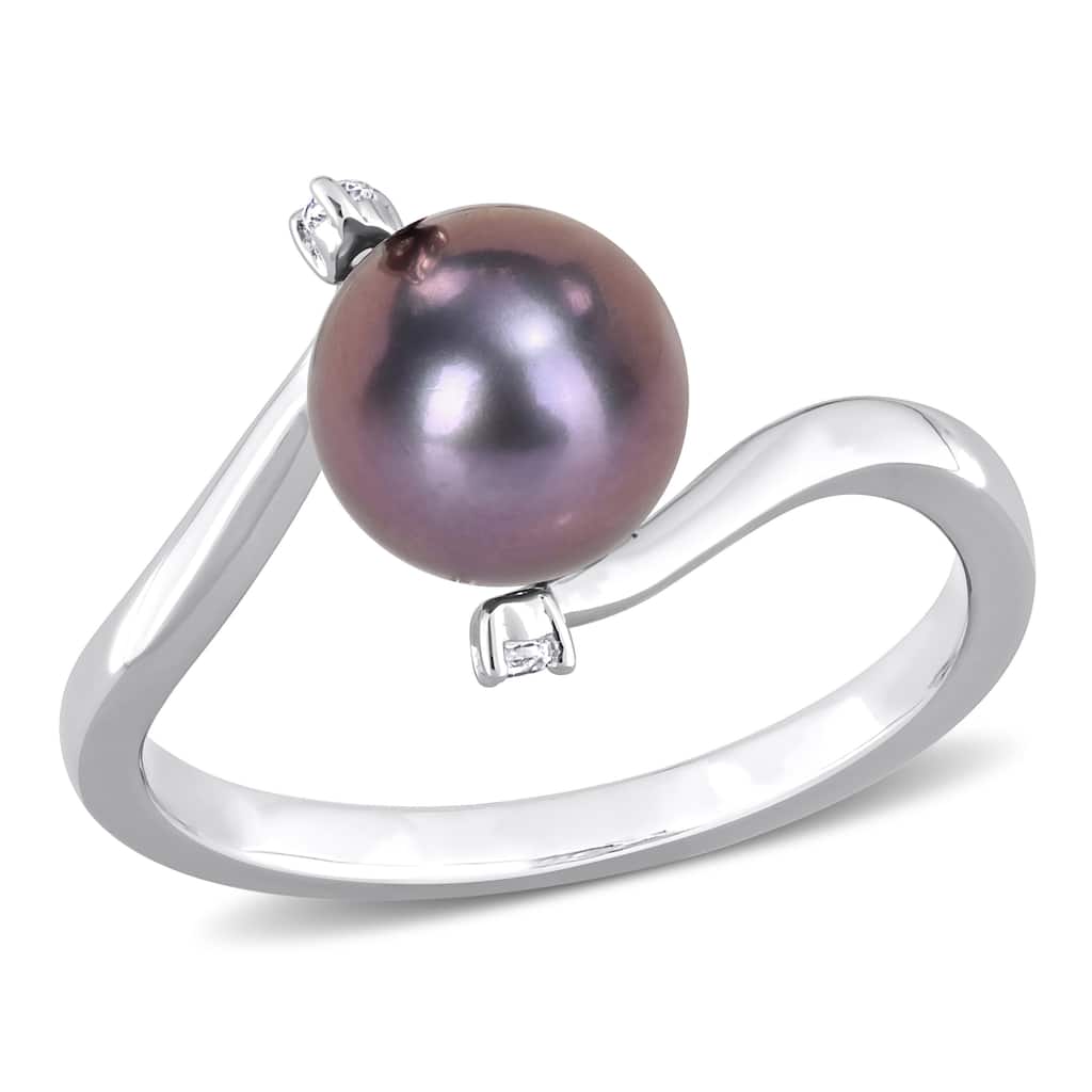Miadora 7-7.5mm Black Cultured Freshwater Pearl White Topaz Bypass Ring Sterling Silver