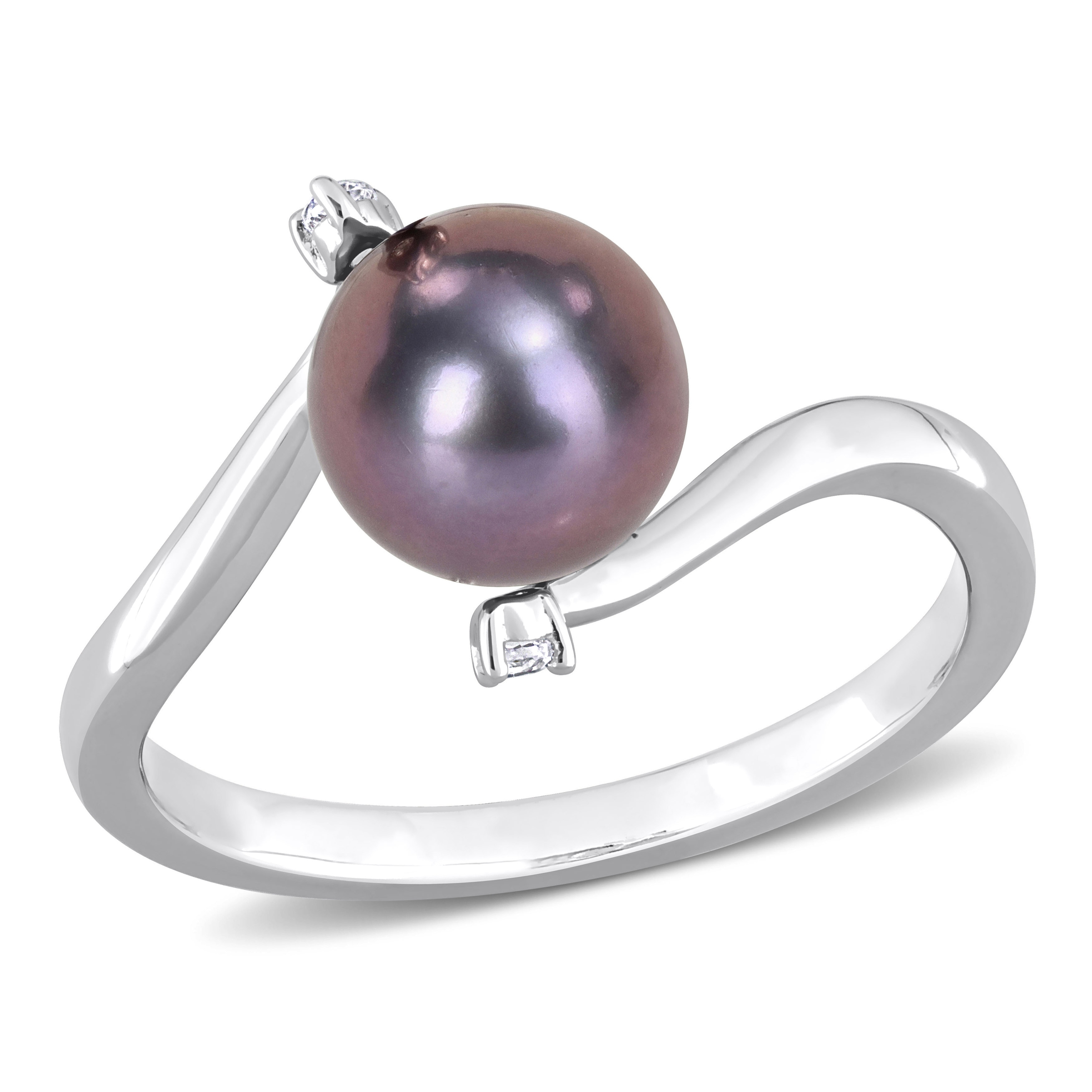 Miadora 7-7.5mm Black Cultured Freshwater Pearl White Topaz Bypass Ring Sterling Silver
