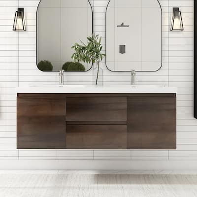 MDF Wall-Mounted Bathroom Vanity Set in Grey Oak with Integrated Culture Marble Sink