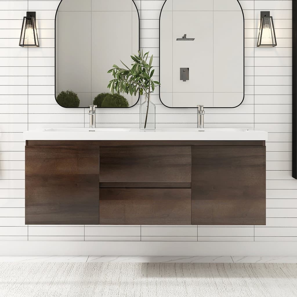 MDF Wall-Mounted Bathroom Vanity Set in Grey Oak with Integrated Culture Marble Sink