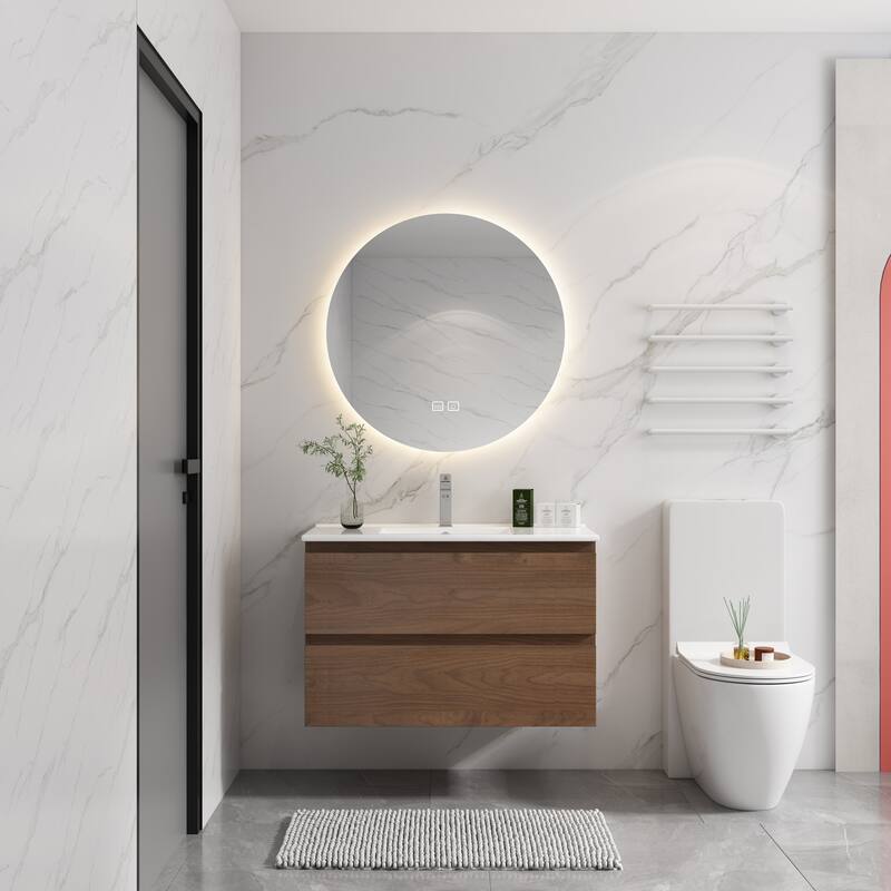 24" Floating Bathroom Vanity with Ceramic Basin, 2 Soft-Close Drawers, Eco-Friendly Plywood Construction - 35.9in L Plywood - 35.9in L Brown Oak