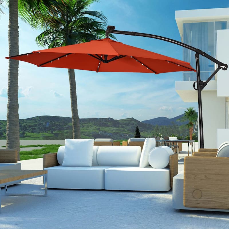 Costway 10FT Patio Offset Umbrella Solar Powered LED 360degrees