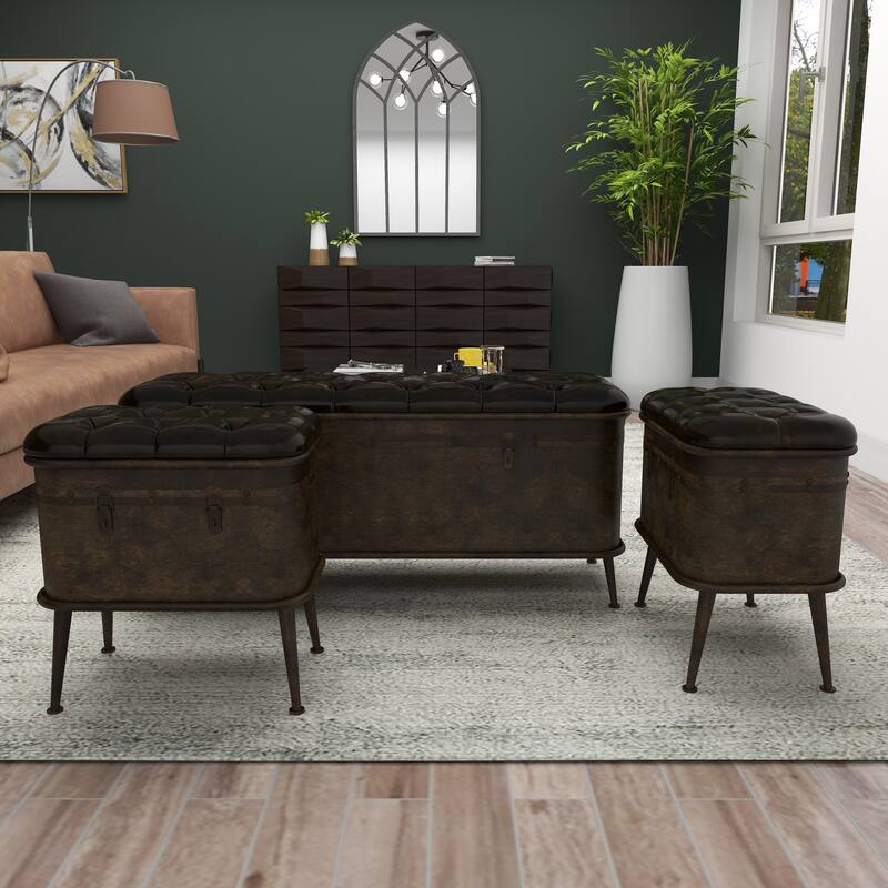 Bronze Metal Weathered Room Storage Bench with Dark Brown Tufted Faux Leather (Set of 3)
