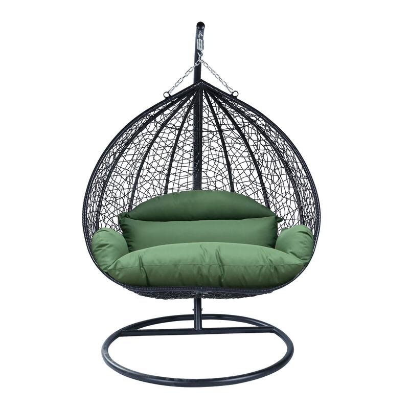 2-Person Outdoor Hanging Egg Chair with Teardrop Frame, Weather-Resistant Cotton Cushioned Seat for Patio and Indoor Use - Dark Green