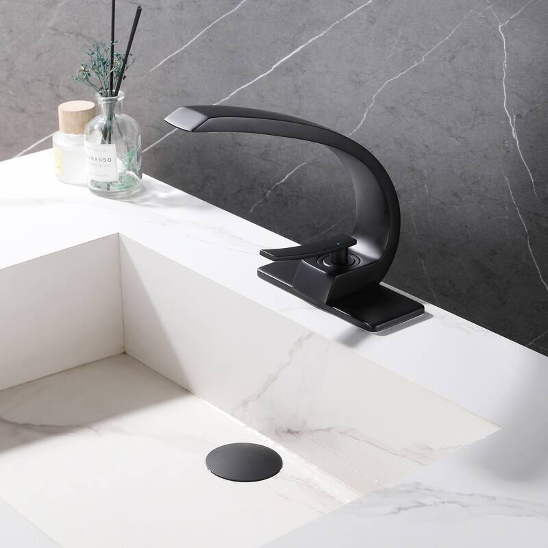 Modland C-Shaped Single Hole Bathroom Faucet, 500K Cycle CUPC Certified, 6-Inch Cover Plate, Black / Gold / Nickel / Chrome