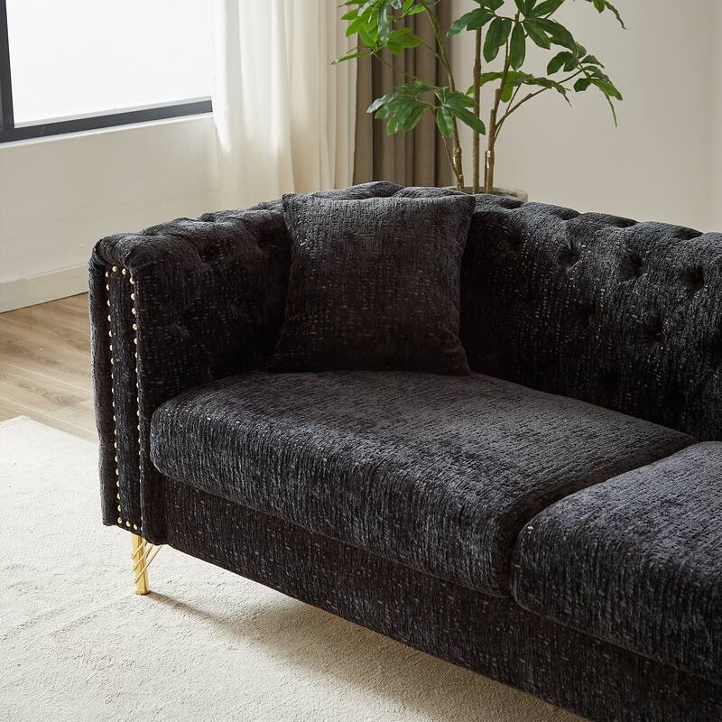 82-Inch Chesterfield-Style Chenille Sofa, Tufted Design with Nailhead Armrests and Metal Legs for Living Room