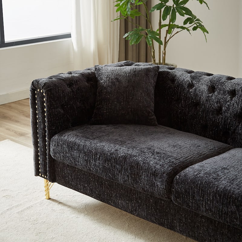 Modern 82-Inch Chenille Sofa, Button-Tufted with Copper Nail Decoration and Metal Legs