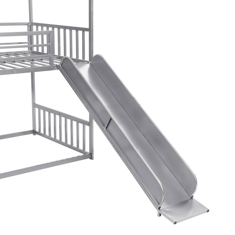 Twin Over Twin Metal Bunk Bed with Slide and Staircase, Silver