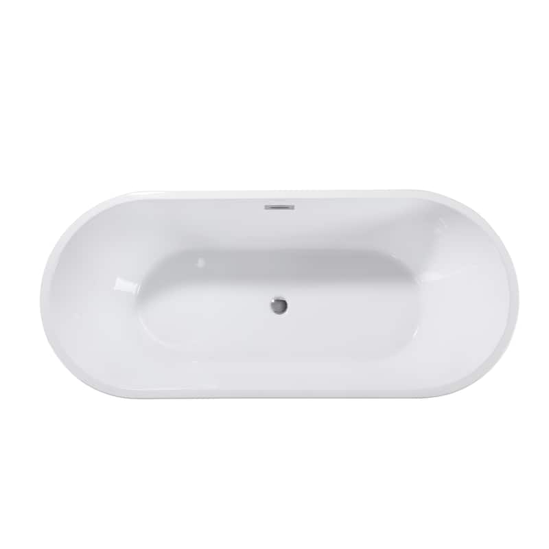 67 In. Freestanding Acrylic Soaking Bathtub with Flatbottom Design and Center Drain in Glossy White Finish