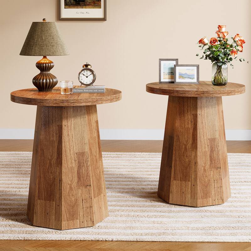Round End Table, Wooden Couch Side Table, Nightstand Accent Furniture for Living Room, Bedroom