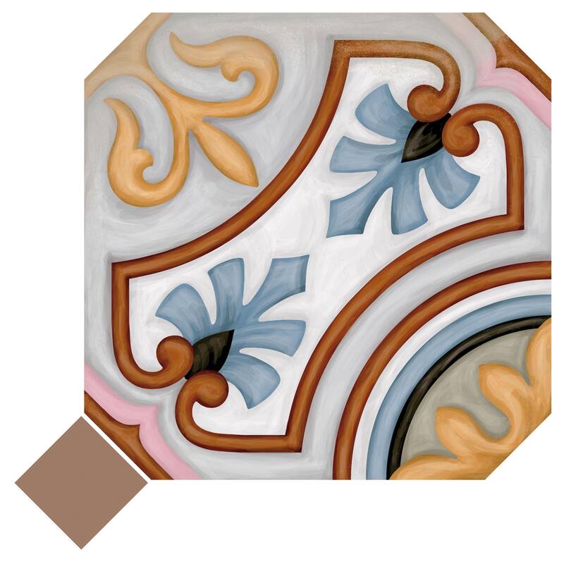 Merola Tile Vaudeville Octagon Deco Diglas with Taco Marron 7-7/8" x 7-7/8" Porcelain Floor and Wall Tile