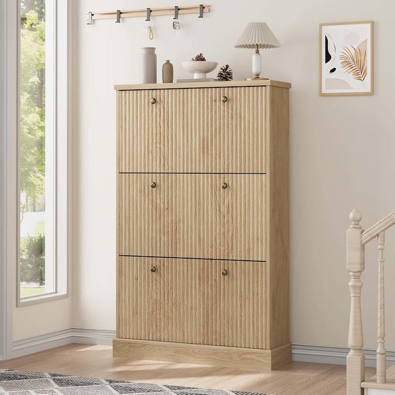 Freestanding Fluted Shoe Cabinet Organizer for Entryway, Hallway, Living Room with 3 Flip Drawers - Khaki