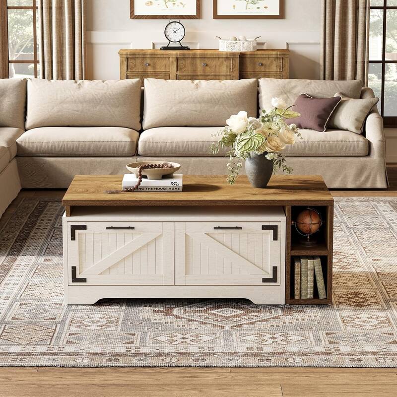 Extendable Large Coffee Table with 2 Storage Drawers and Open Shelves, White & Rustic Brown