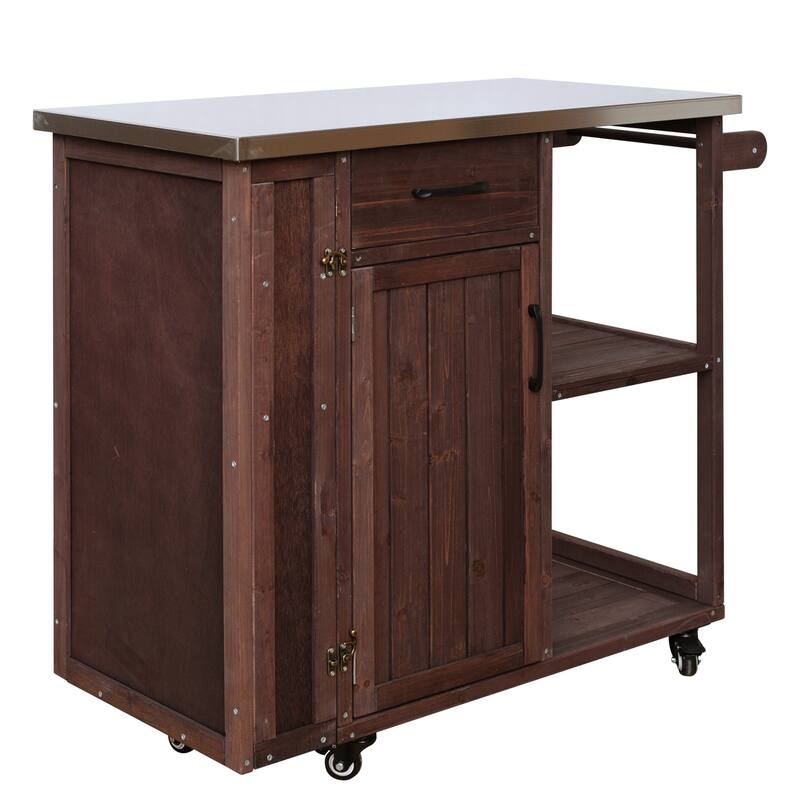 Fir Wood Outdoor Kitchen Prep Station Cart with Stainless Steel Top & Towel Rack