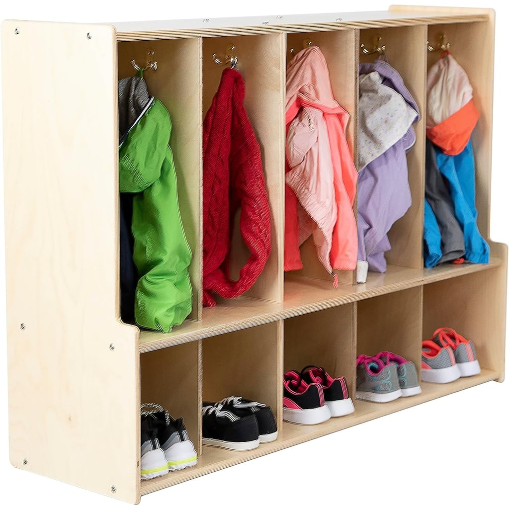 RRI Goods 5-Section Coat Locker with Bench & Cubby Storage, 100% Birch Plywood Backpack Storage Unit Hooks for Kids