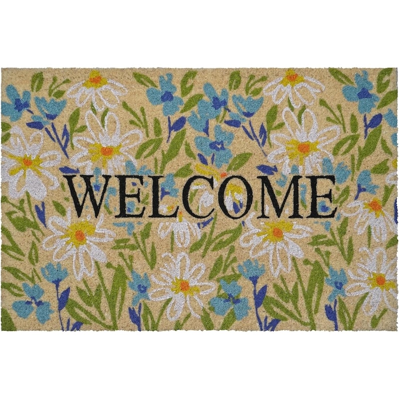 HomeRoots 30" X 48" Brown Light Blue And Green Floral Welcome Outdoor Coir Door Mat - 30.00' X '48.00
