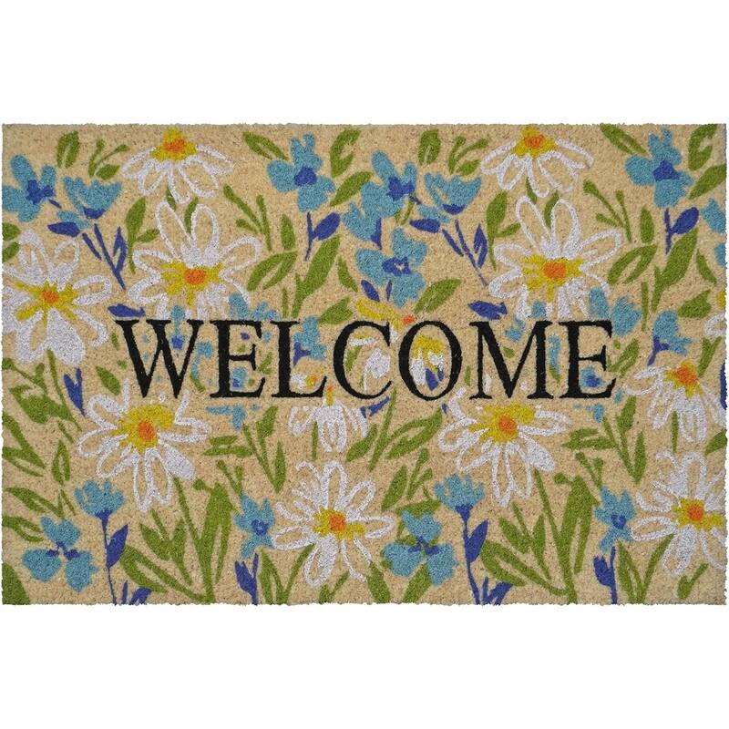 HomeRoots 36" X 72" Brown Light Blue And Green Floral Welcome Outdoor Coir Door Mat - 36.00' X '72.00
