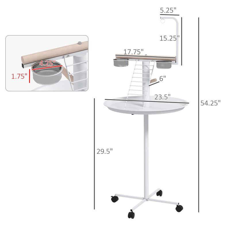 PawHut Bird Stand, Parrot Stand with Wheels, Perches, Stainless Steel Feed Bowls, Round Tray, Bird Play Stand for Indoor Outdoor