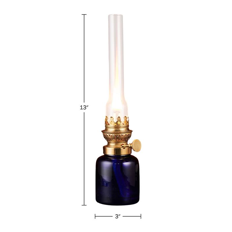 Kings County Tools 13-inch Oil Lamp with Antique-Style Glass Body and Brass Accents, Blue