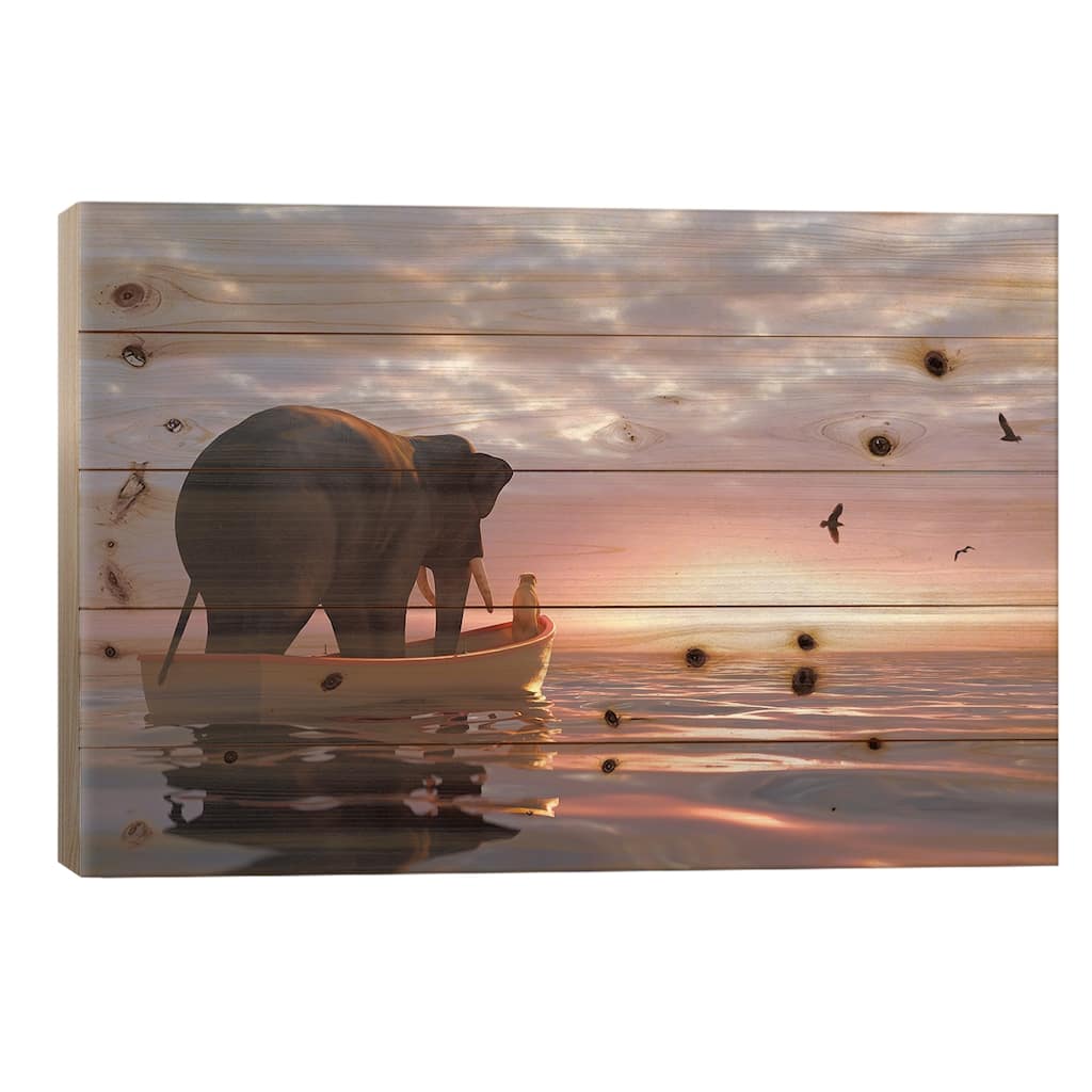 Elephant And Dog Sail In A Boat At Sea Print On Wood by Mike Kiev - Multi-Color