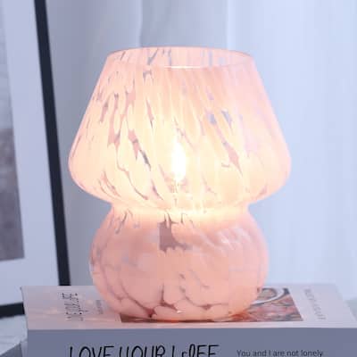Pink Ripple Glass Table Lamp Dot Mushroom Style with In-line Switch - 5.75'' x 5.75'' x 7.25'' (L x W x H)