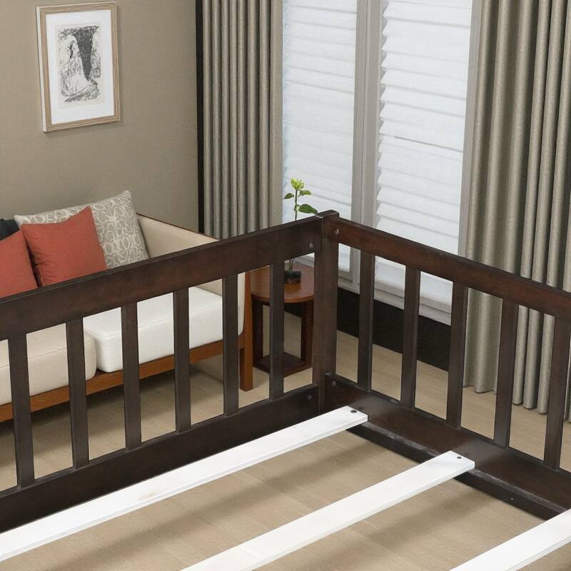 Full Size Rubber Wood Floor Bed with Fence and Door, Montessori Platform Bed with Safety Guardrails for Kids