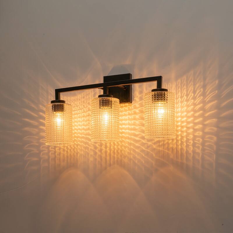 3/4-Light Modern Black Wall Sconce Bathroom Vanity Light with Grid Glass Shades