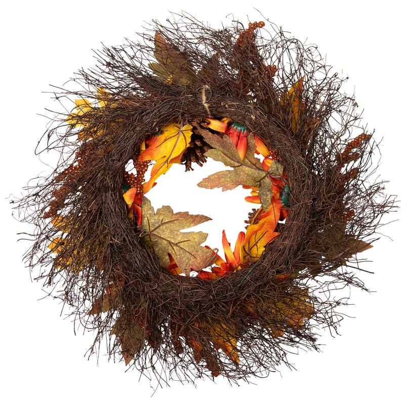 Mums and Acorns Glittered Artificial Fall Harvest Floral Twig Wreath - 22"