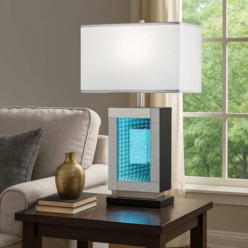 Ziva 27 Inch Table Lamp, LED Night Light, Rectangular Shade, Shiny Silver