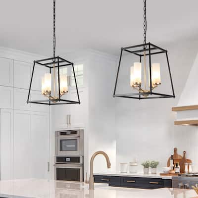 Modern 4-Light Black Gold Geometric Chandelier with Frosted Glass Shades - 14" L x 11" W x 17" H