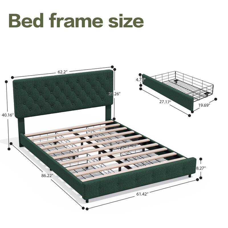 Linen Upholstered Headboard Bed Frame with Large Hidden Storage, 4 Underbed Drawers with Pulleys