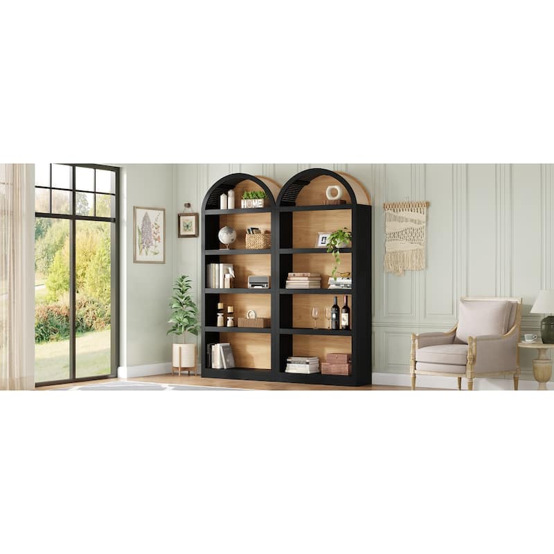 Freestanding Tall Bookshelves Set of 2, Farmhouse Two-Tone Open Storage Cabinet with Fabric Arched Top, 5-Tier Display Bookcase