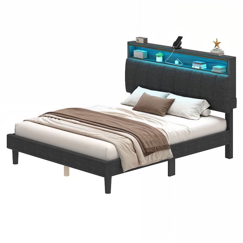 LED Bed Frame with Storage Headboard and Charging Station - Black - Queen