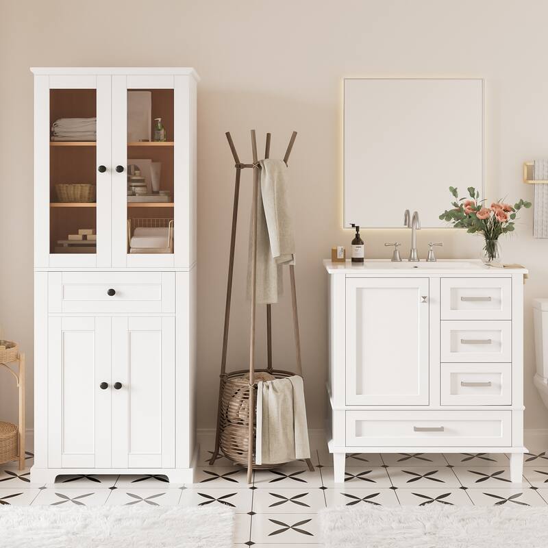 GDFStudio - Fernwell Multifunctional 2-Piece Bathroom Storage Set with Integrated Ceramic Sink Vanity & Tall Cabinet
