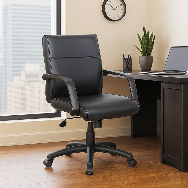 Rolling Executive Armchair, Black Faux Leather, Lumbar Support, Swivel