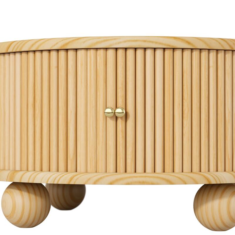 Round Coffee Table with Storage, 31.8" Modern Coffee Table with Sliding Door & Solid Wood Legs, Minimalist Center Table