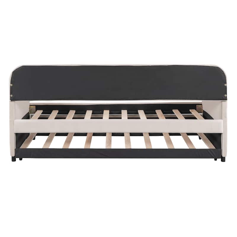 Upholstered Sofa Bed Twin Size With Trundle Bed and Wood Slat