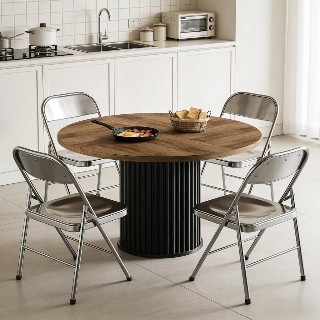 Round Dining Table Home Office Table, Wood Kitchen Table for 4-6 People, Textured Top Coffee Table with Fluted Base