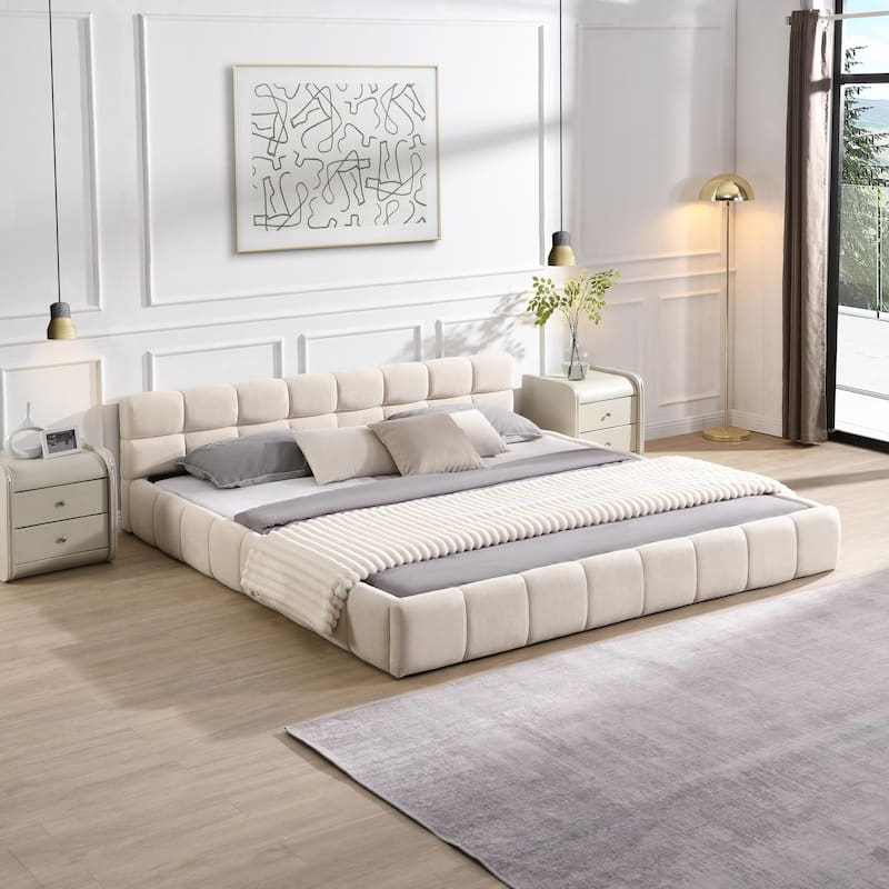 Elegant Beige Chenille Upholstered Bed with Checkerboard Pattern