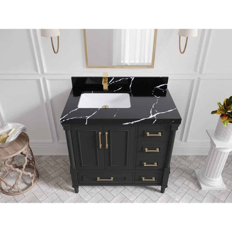 Willow Collections 36 in. W x 22 in. D Aberdeen Left Offset Sink Bathroom Vanity with Countertop - 2" Calacatta Black - Black Top
