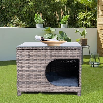 OVIOS Patio Outdoor Grey Wicker Pet Coffee Table with Glass Top