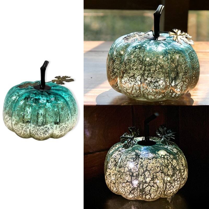 Mercury Glass Pumpkin Lights with Timer – Fall Halloween Table Decorations for Home & Thanksgiving Decor - PK2402B