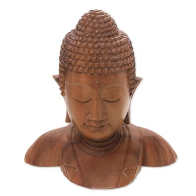 Handmade Serenity Of Buddha Wood Statuette (Indonesia) - 7.75" H x 7" W x 4.7" D