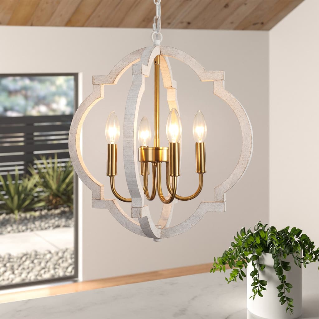 4-Light W16.34" x H78.74" Wooden Lantern Rustic Chandeliers for Dining Room