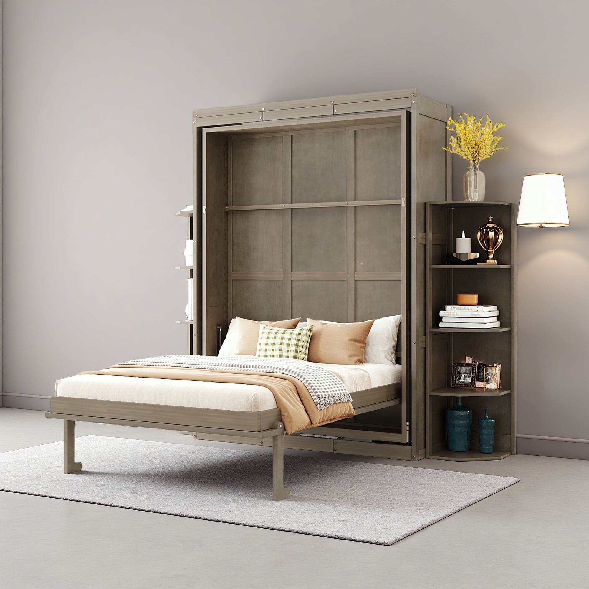 Queen Size Rotating MDF & Wood Murphy Bed with Hidden Wall Cabinet, Dual 3-Tier Side Shelves, Convertible Desk, Storage Racks