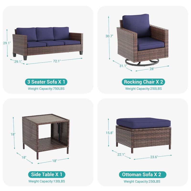 BONOSUKI 6Pcs Patio Swivel Rocking Sofa Set Brown Rattan w/Side Table