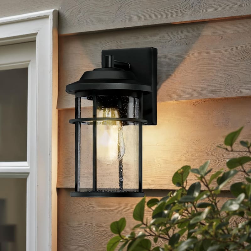 Modern Black Outdoor Wall Lantern with Seeded Glass - 11.92'' H x 5.75'' W x 5.75'' D - Rectangular Back Plate/Single